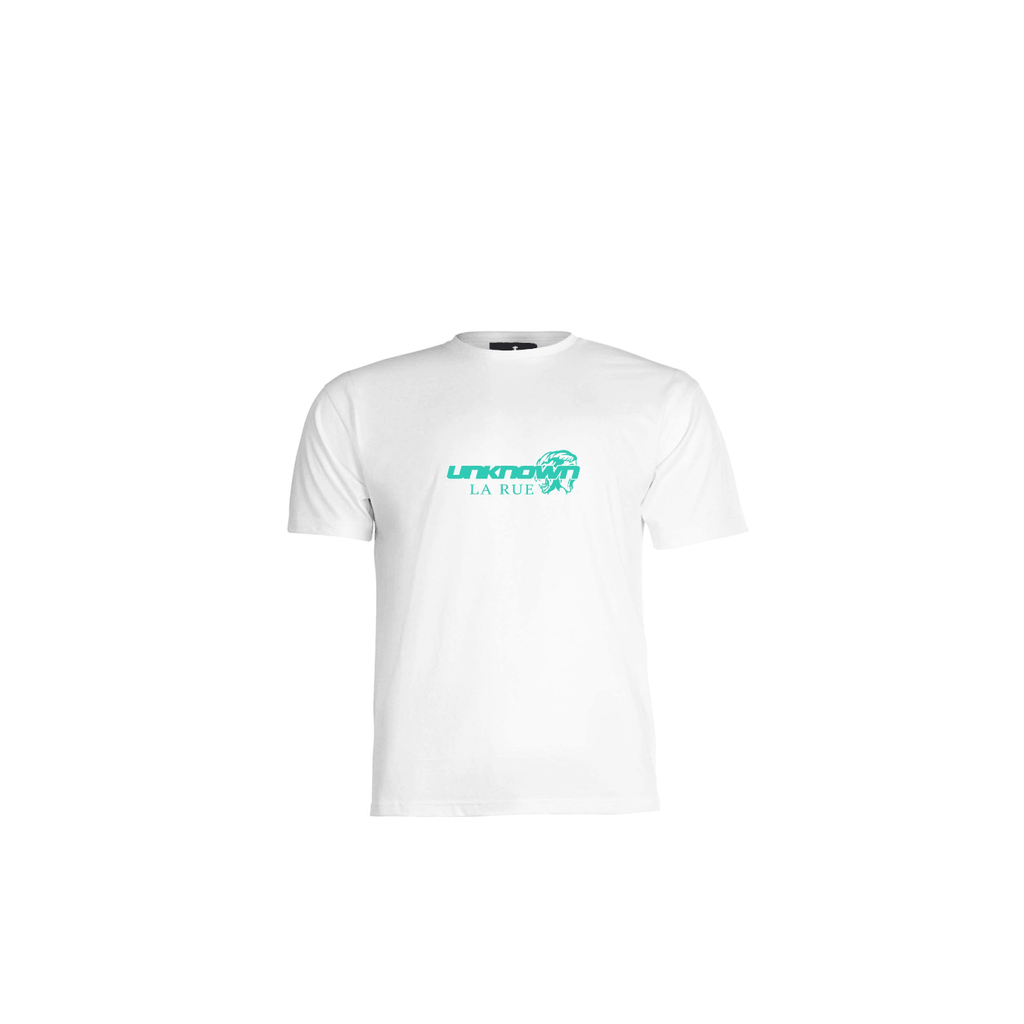 White Simba La Rue x Unknown tee featuring a green logo, perfect for casual wear.