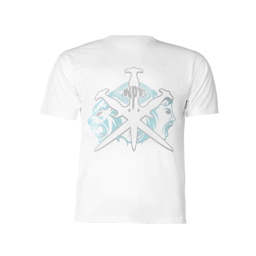 White NPT Simba La Rue Tee featuring dual lion graphics and intricate sword design on the back.