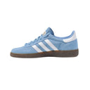 Blue sneaker with white stripes on a white background