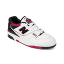 White sneaker with black and red accents on a white background