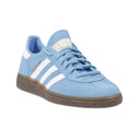 Blue sneaker with white stripes on a white background